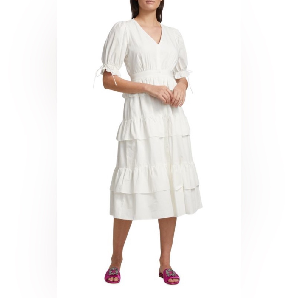 English Factory Puff Sleeve Cotton Tiered Midi Dress